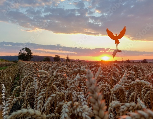 Orange Crane Soaring Over Wheat Fields at Sunset