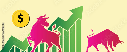 Crypto Up Vector Illustration with Bull. Digital Currency Growth and Bull Market Concept. Bull Market Crypto Vector Image, Rising Up Trend Bull Graphic. Upward Growth. Blockchain and Finance Market