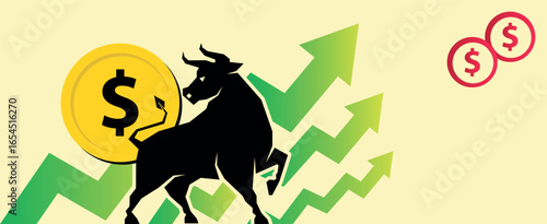Crypto Up Vector Illustration with Bull. Digital Currency Growth and Bull Market Concept. Bull Market Crypto Vector Image, Rising Up Trend Bull Graphic. Upward Growth. Blockchain and Finance Market