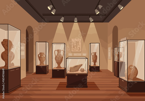 Museum exhibition hall with display cases showcasing ancient artifacts and sculptures under spotlights, interior view