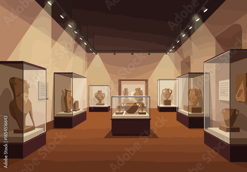Quiet gallery in a history museum displaying a collection of ancient archeological artifacts, pottery, and vases in illuminated showcases.