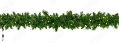Seamless decorative christmas border with coniferous branches and garlands on transparent background, cutout