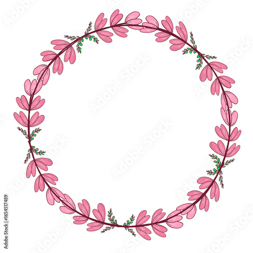 Beautiful pink floral frame illustration decorated with hand drawn leaves and branches. Circle border. Perfect for invitation cards, greeting cards, wedding designs, logos and digital projects.