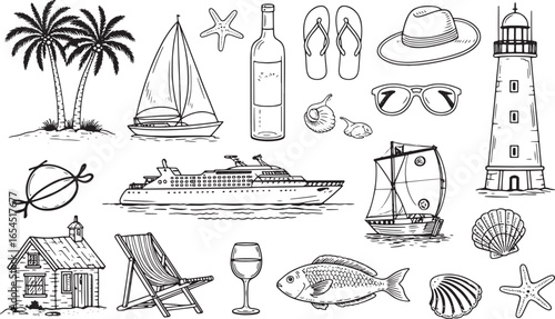 Vacation icon set with sailboat cruise ship beach chair wine flipflops sunglasses fish