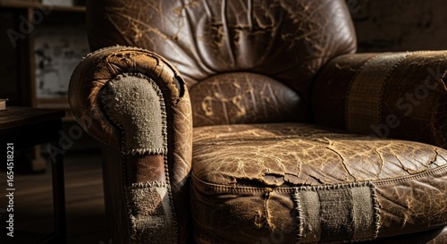Worn leather armchair with patchwork repairs