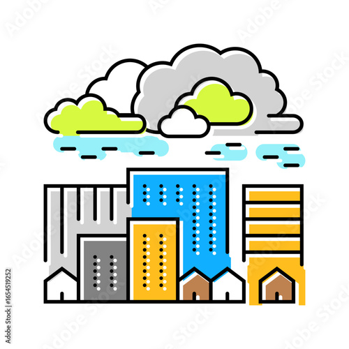 dangerous glowing cloud over city radioactive pollution color icon vector illustration