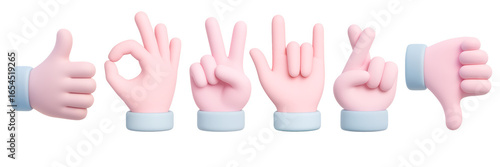 Illustration of set of 3D pink cartoon hands showing different gestures isolated on white background