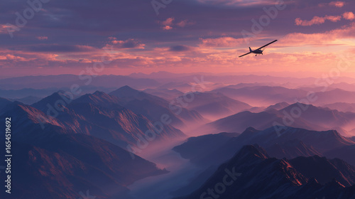 Small airplane flying over mountain ranges at dusk