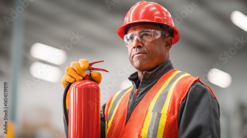 Safety training event for fire prevention industrial facility image of worker warehouse environment close-up view safety awareness
