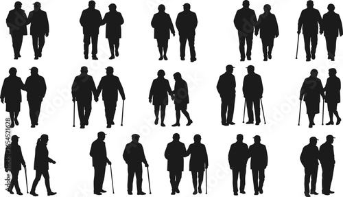 Silhouettes of Elderly Couples Walking Together, Seniors with Canes, Old People Companionship, Aging Love, Senior Citizens in Motion