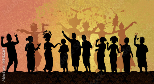 Vector illustration of Indonesian people celebrating Independence Day, depicted in silhouettes against a warm, sunset-colored background, showing a joyful group actively