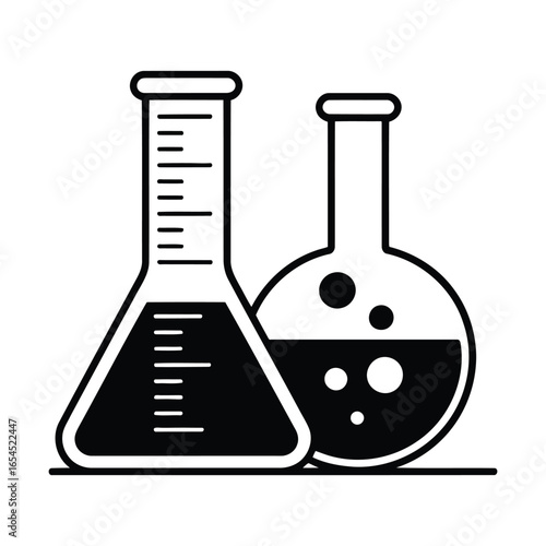 Two laboratory flasks with liquid and bubbles on a white background