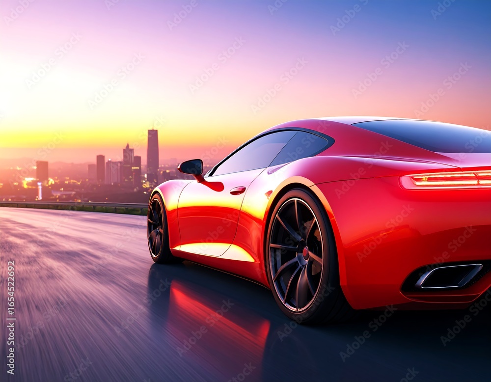 Naklejka premium Red sports car on a highway at sunset over a city.