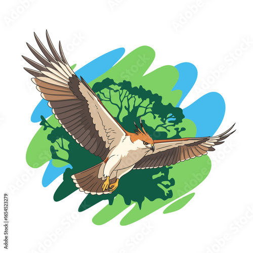 A modern vector illustration of a Javan Hawk-eagle in graceful flight. The clean, geometric style and bold colors create a stunning tribute to this protected species