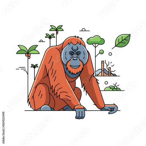 A powerful vector illustration of a Bornean orangutan, highlighting its struggle for survival. This clean, modern design is perfect for conservation-themed projects.