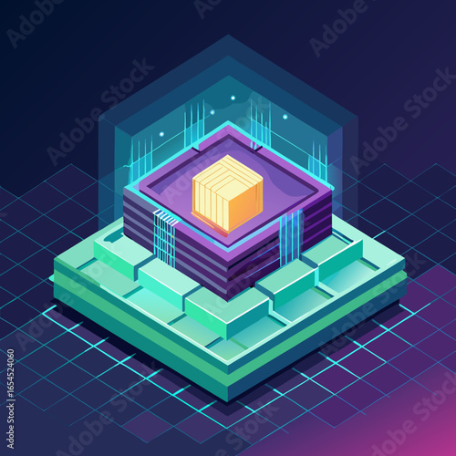 AI chip glowing hologram, futuristic semiconductor innovation, isometric technology illustration, light blue digital background.