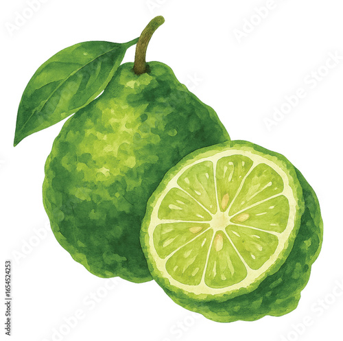 Kaffir Lime Whole and Half Watercolor PNG Transparent