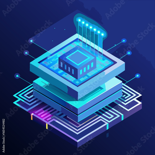 Futuristic isometric AI processor chip hologram, shining neon lights, circuit board nano design, vector art.