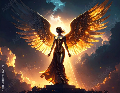 Golden angel statue with large wings, dramatic lighting, dark cloudy sky, detailed digital illustration.