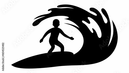 Silhouette of a surfer riding a wave on a surfboard against a white background in a simple black design