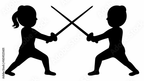 Two silhouette figures fencing with swords in a duel position facing each other in a black and white scene