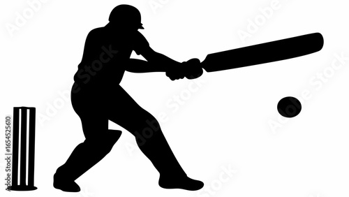 Silhouette of a cricket player batting with wickets and ball in a white background illustration style
