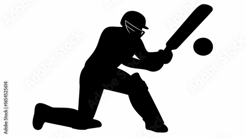 Silhouette of a cricket batsman in action with bat raised about to hit ball on a white background image