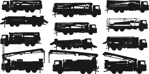 Silhouettes of heavy concrete pump trucks, construction vehicles, industrial equipment, large machinery, construction site tools, transportation, infrastructure, worksite, heavy-duty trucks.