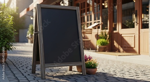 Blank chalkboard sign outside cafe inviting guests to browse menu in a warm, inviting atmosphere