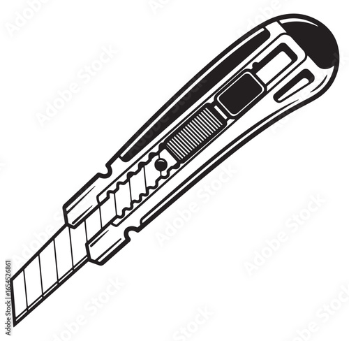Black and white illustration of a utility knife or box cutter on a white background