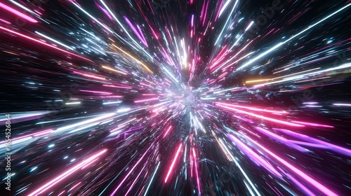 Abstract space travel background with neon light trails for futuristic technology concept design art