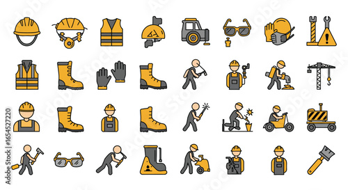 A set of construction worker icons in a vector format, featuring safety gear, tools, and machinery, ideal for illustrating industrial or building themes.