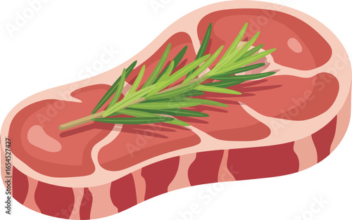 Illustration of a raw steak cut with a sprig of rosemary on top, isolated on a white background.