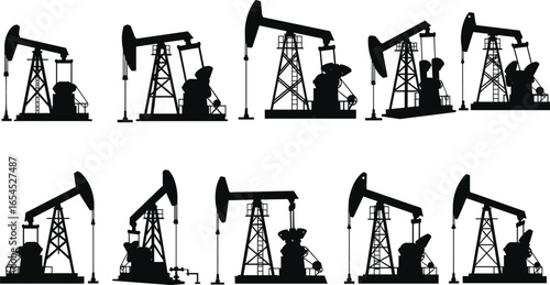 Silhouettes of Oil Pump Jack Rigs, Industrial Oil Extraction Equipment Set, Petroleum Industry Machines, Energy Production Icons on White Background