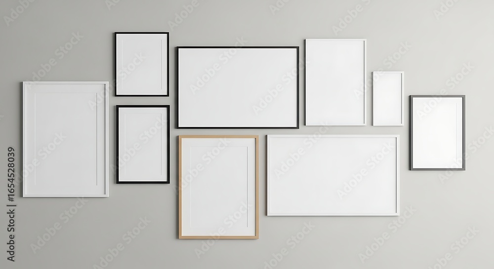 Modern gallery wall with blank frames ready for art, photos, or branding, perfect for home decor or design projects Modern gallery wall with blank frames ready for art, photos, or branding, perfect for home decor or design projects