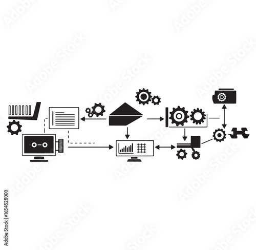 Data processing workflow depicted with computers gears and statistical analysis icons