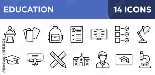 Education themed icons  including book, graduation cap and microscope