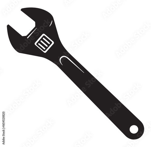 Simple black and white illustration of an adjustable wrench perfect for repair and maintenance.