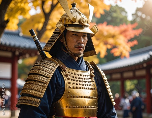 Golden samurai warrior in detailed armor, cinematic pose, traditional Japanese background, ultra-detailed.