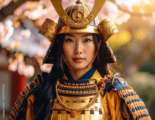Golden samurai warrior in detailed armor, cinematic pose, traditional Japanese background, ultra-detailed.
