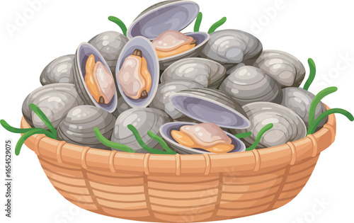 A basket overflowing with fresh clams, some opened to reveal their edible interiors.