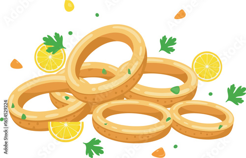 Crispy golden onion rings, garnished with lemon slices and parsley, appetizingly piled.