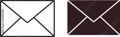 Pair of simple envelope icons, one black, one white, isolated on white background. Minimalist design, suitable for website or app.