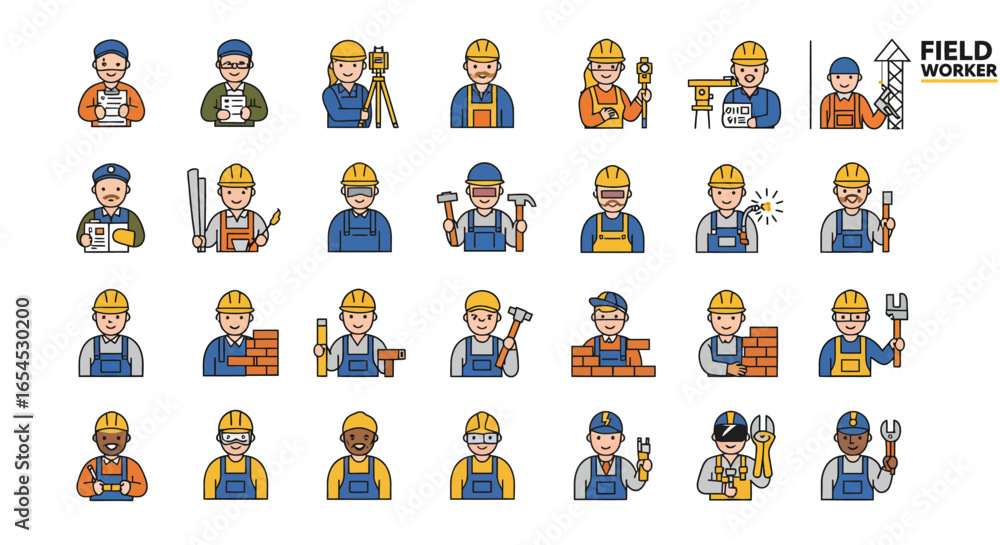 Obraz premium A comprehensive collection of flat design icons representing diverse field workers and their essential tools, ideal for professional illustrations.
