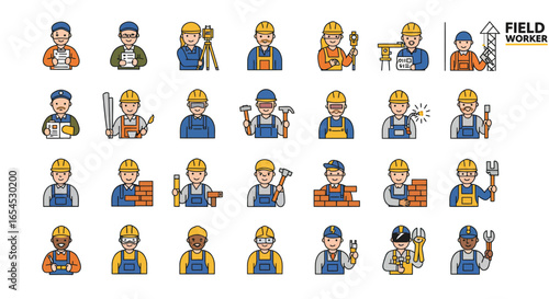 A comprehensive collection of flat design icons representing diverse field workers and their essential tools, ideal for professional illustrations.