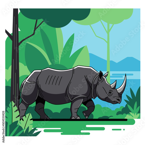 Minimalist vector of Javan rhinoceros in a lush jungle. Clean lines and vibrant colors highlight endangered species and wildlife conservation themes.