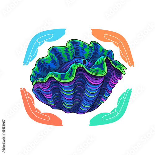 Minimalist vector of giant clam protected by hands. Bold colors and clean design deliver a strong message on marine life conservation and ocean sustainability.
