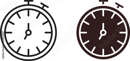 Two stopwatch icons, one black and one white line art, isolated on white background. Perfect for time management or sports themes.