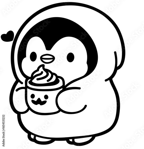 cute simple penguin drinking pumpkin latte - layered cut file - halloween clip art