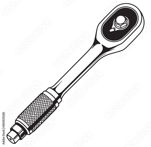 Detailed black and white illustration of a ratchet wrench isolated on white background